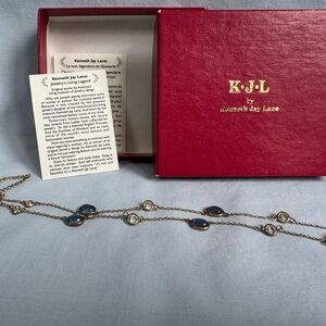 Kenneth Jay Lane Goldtone Necklace with Blue Cabochons and Clear Crystals